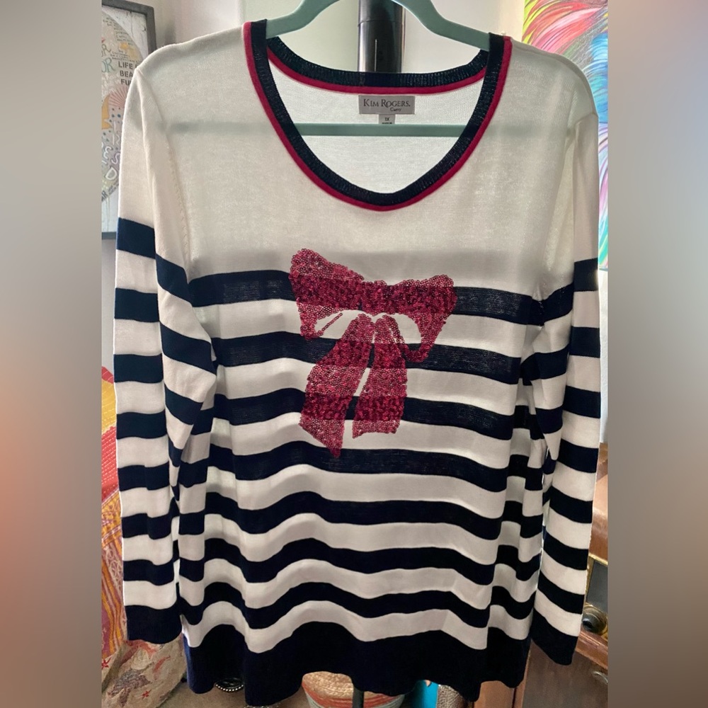 Kim Rogers Curvy Lightweight Knit Top with Sewn Sequined Bow